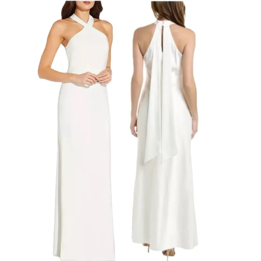 Aidan Mattox Dress Gown Size 12 Ivory White Halter Slip Hidden Side Zip Formal